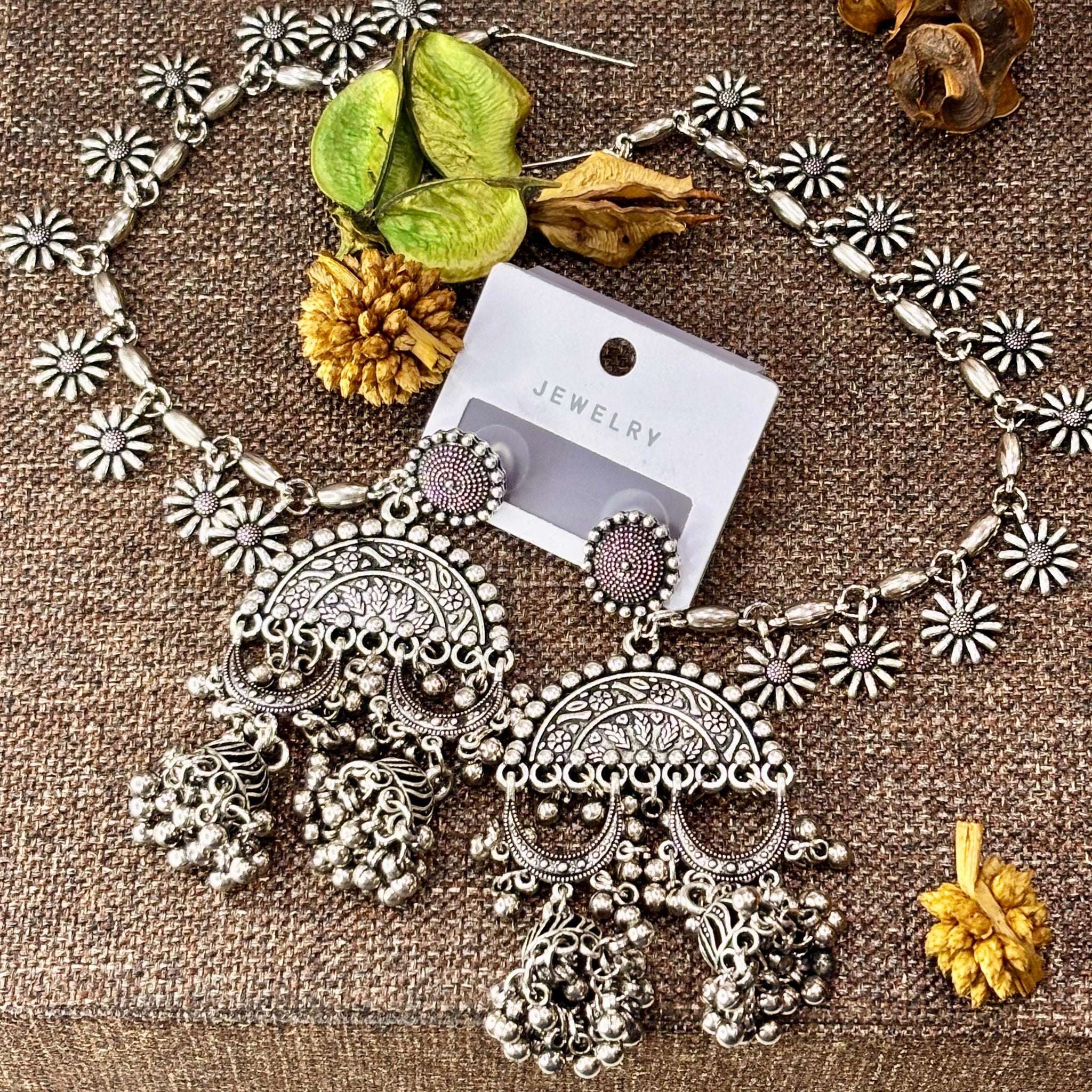 Silver Floral Jhumka Earring Set