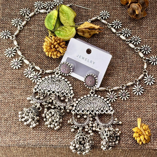 Silver Floral Jhumka Earring Set