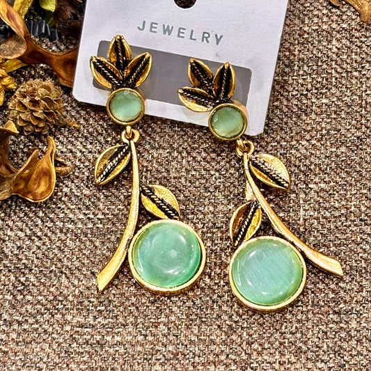 Green Leaf Branch Drop Earrings